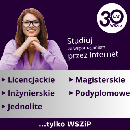 Dziewczyna w okularach i fioletowej bluzce. Poniżej informacje o rodzajach studiów